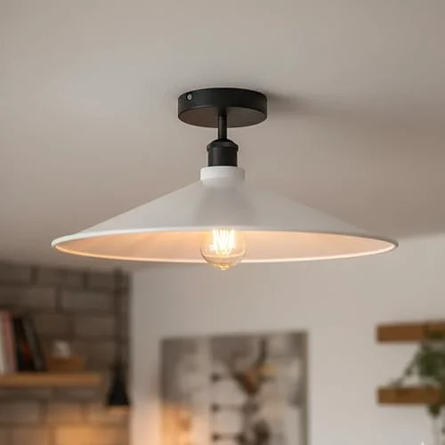 White metal industrial ceiling light with wide semi-flush mount shade and E27 socket, ideal for modern or farmhouse interiors