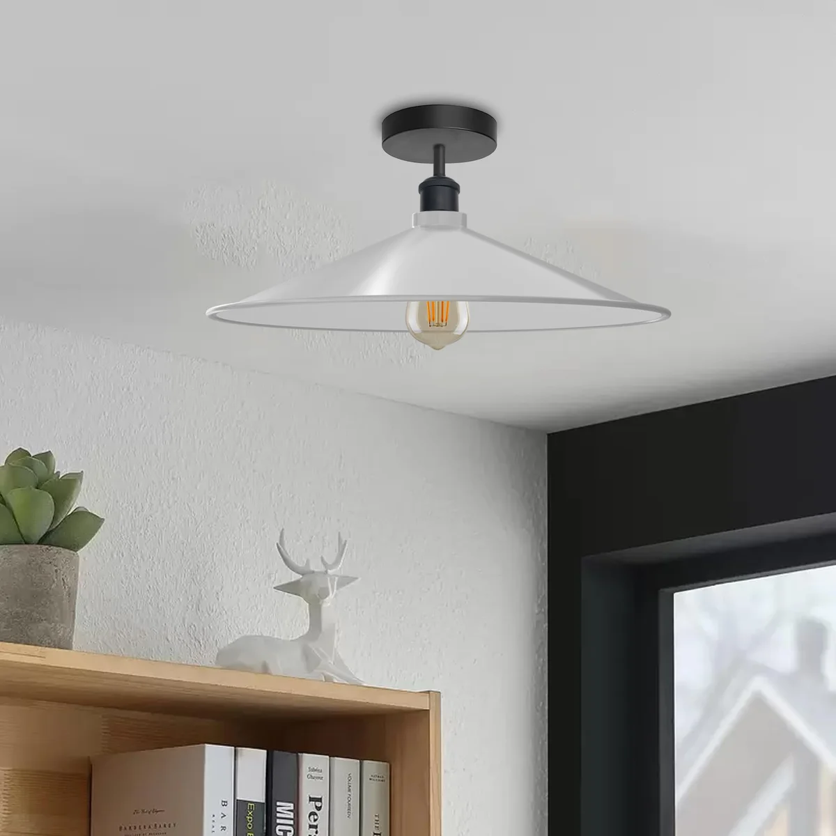 White industrial semi flush mount light with wide flat metal shade and E27 socket, ideal for modern or farmhouse interiors