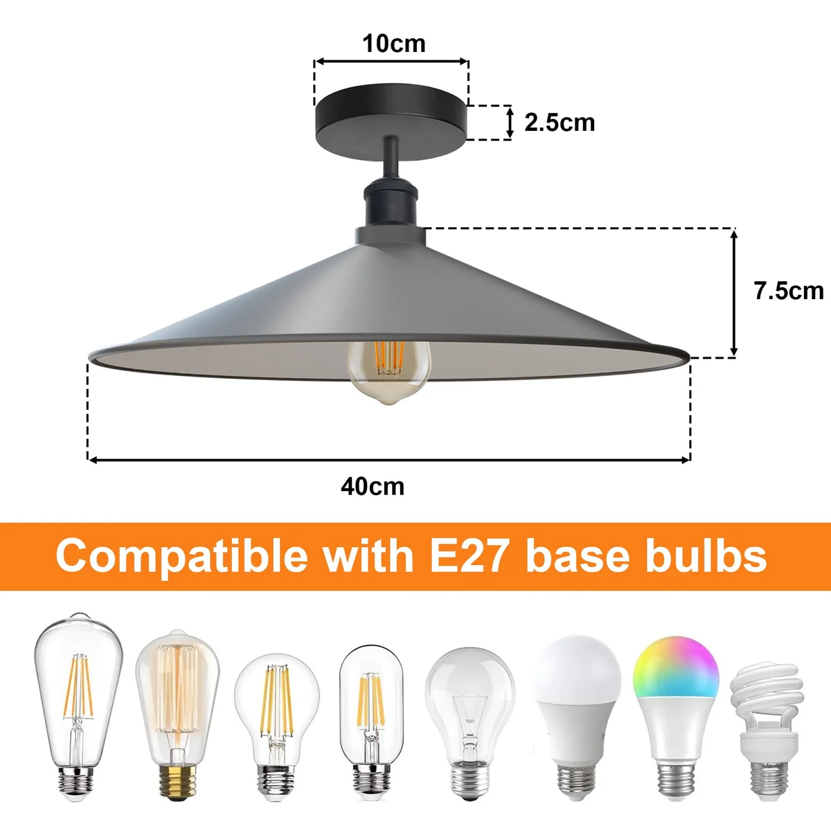 White metal ceiling light with wide flat shade, semi-flush mount, industrial vintage design, E27 socket, white finish
