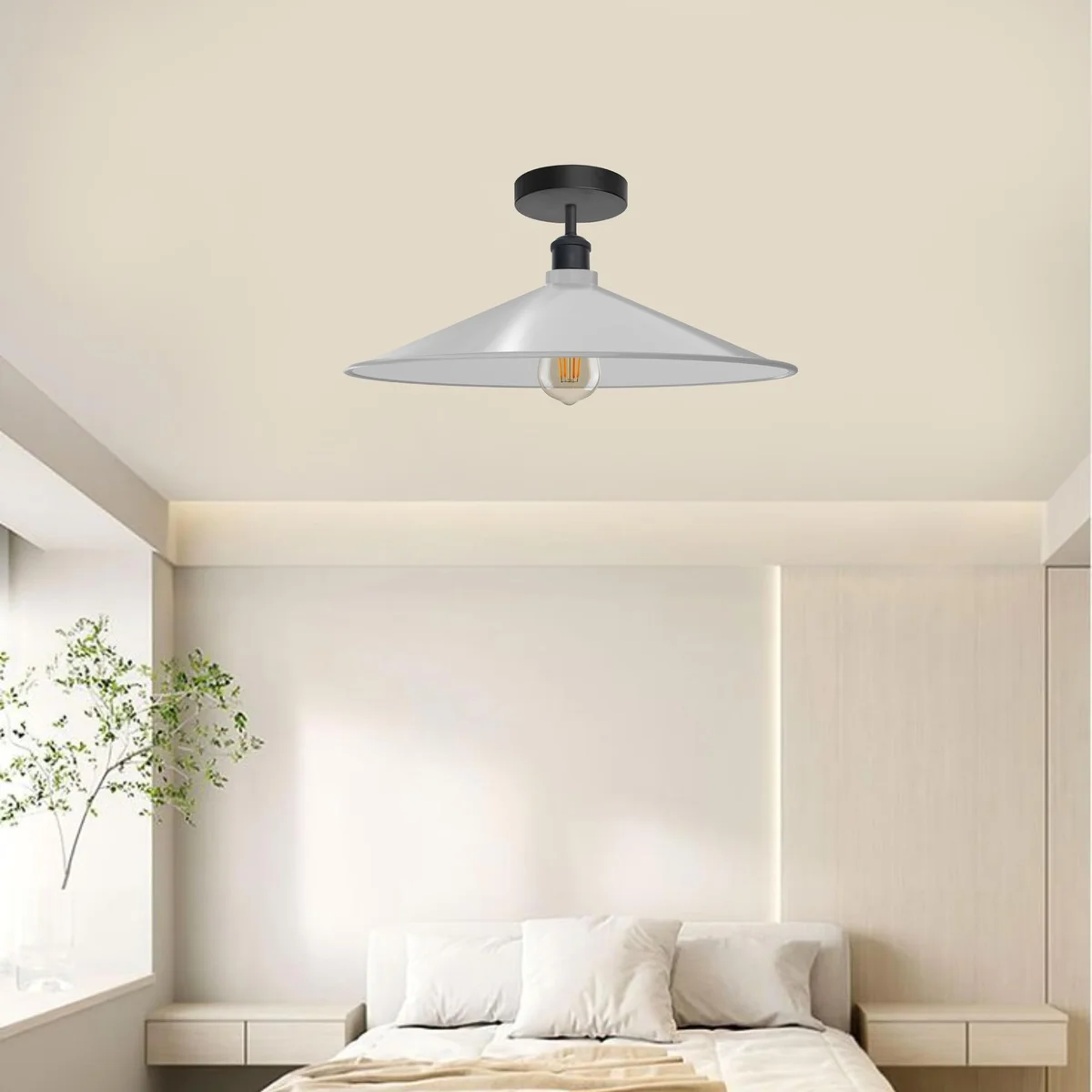 White industrial semi-flush mount ceiling light with wide metal shade and E27 socket ceiling light fitting visible