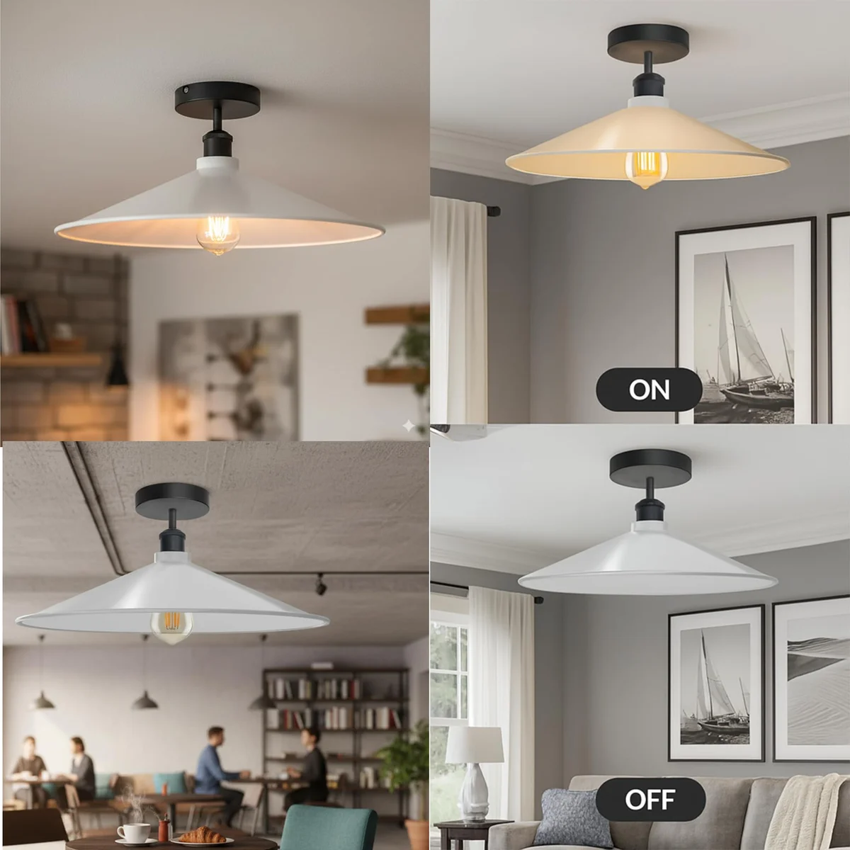 White metal industrial semi flush mount energy efficient ceiling light with wide downlight and E27 socket, mounted on ceiling