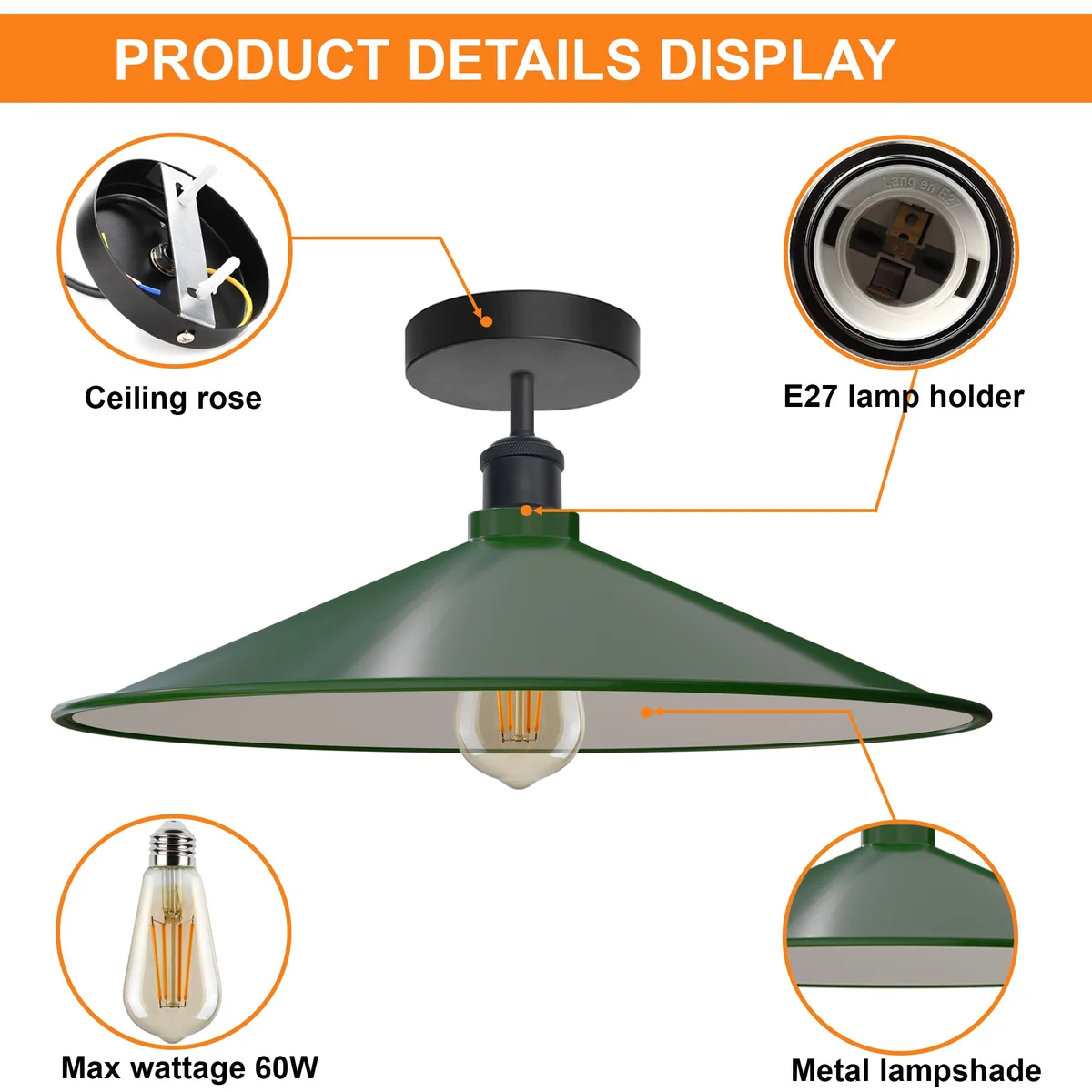White metal industrial ceiling light with wide flat shade, semi-flush mount, suitable for E27 bulbs and vintage style rooms
