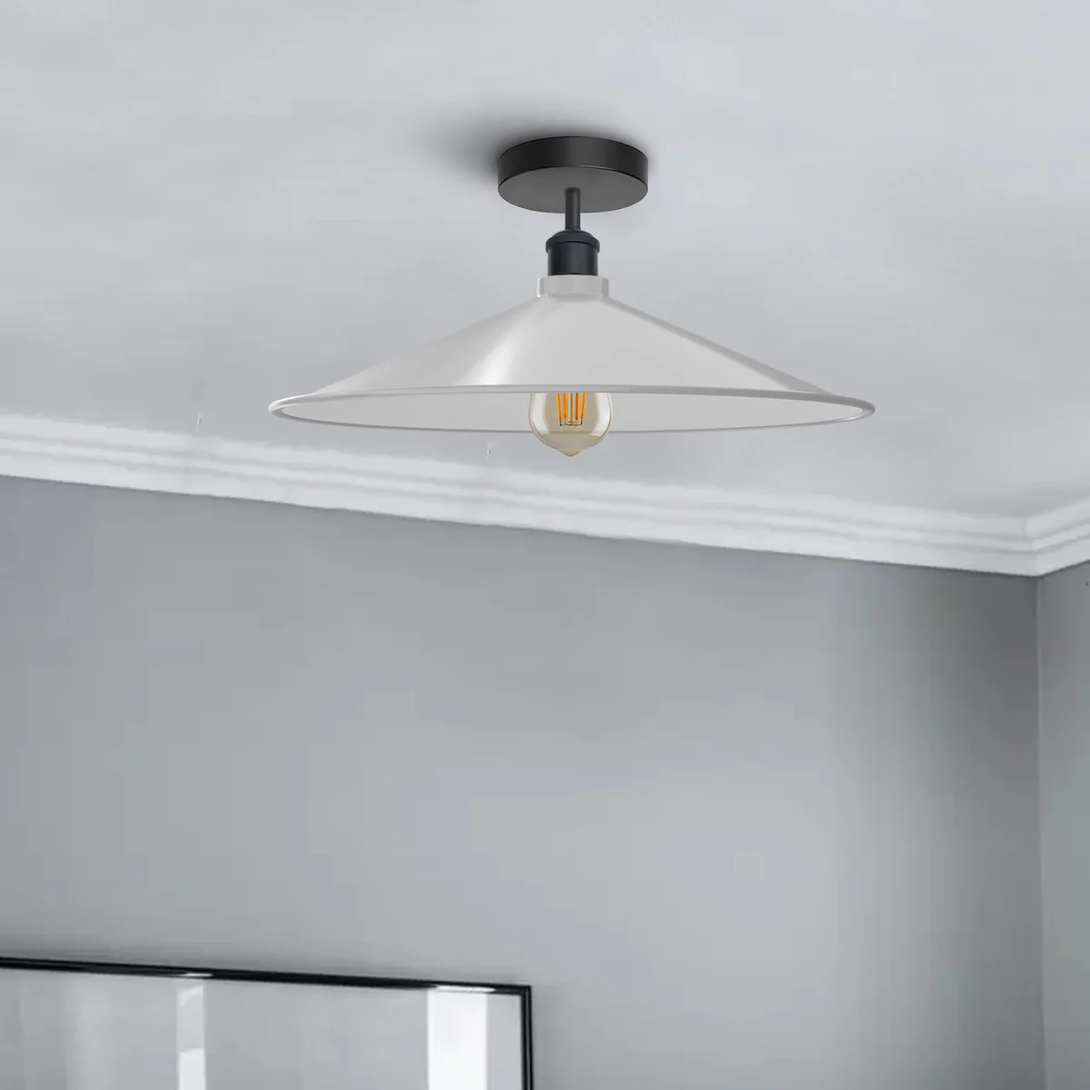 White industrial ceiling light with wide semi-flush metal shade and E27 socket, suitable for vintage or modern interiors