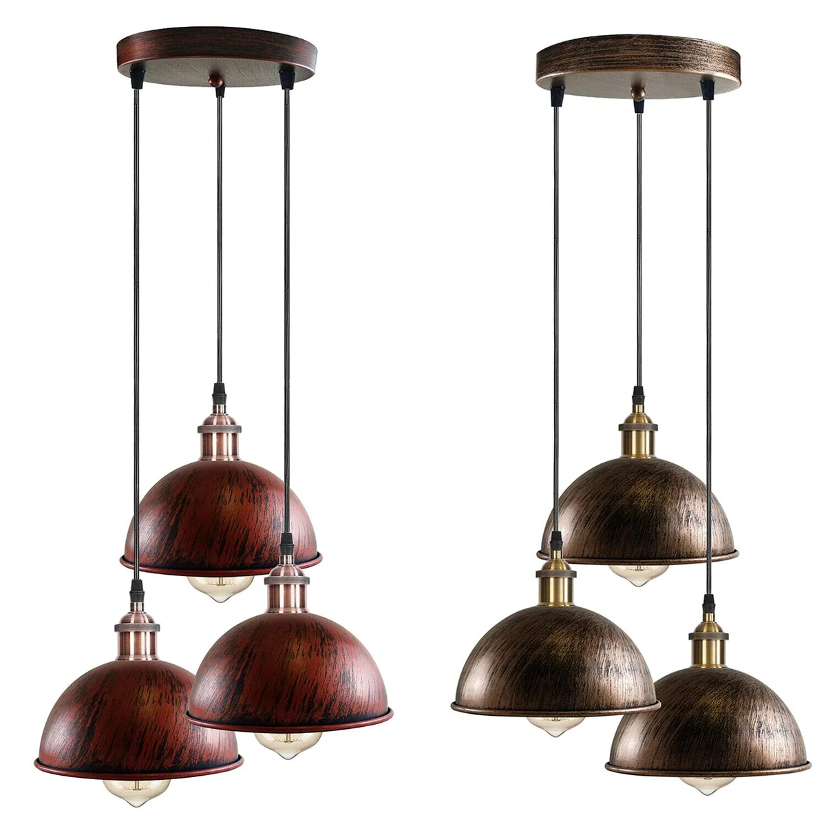 Vintage industrial ceiling light with three curved metal shades in brushed finish, adjustable hanging cords, ceiling mounted