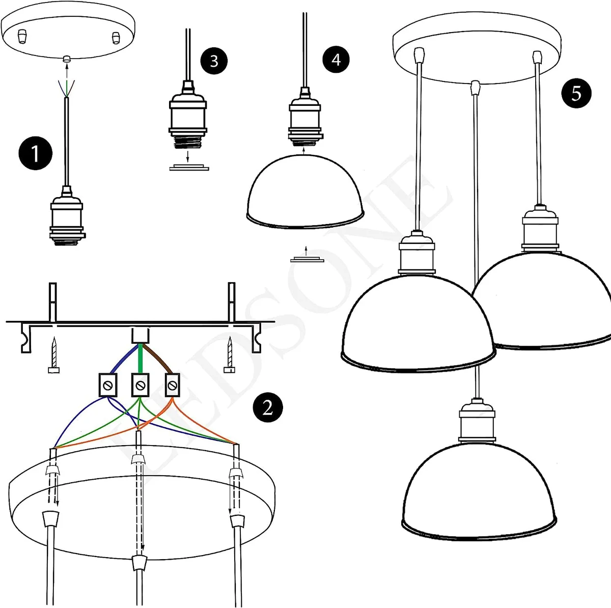 Three metal pendant lighting shades with curvy vintage industrial design hanging from adjustable cords against white background