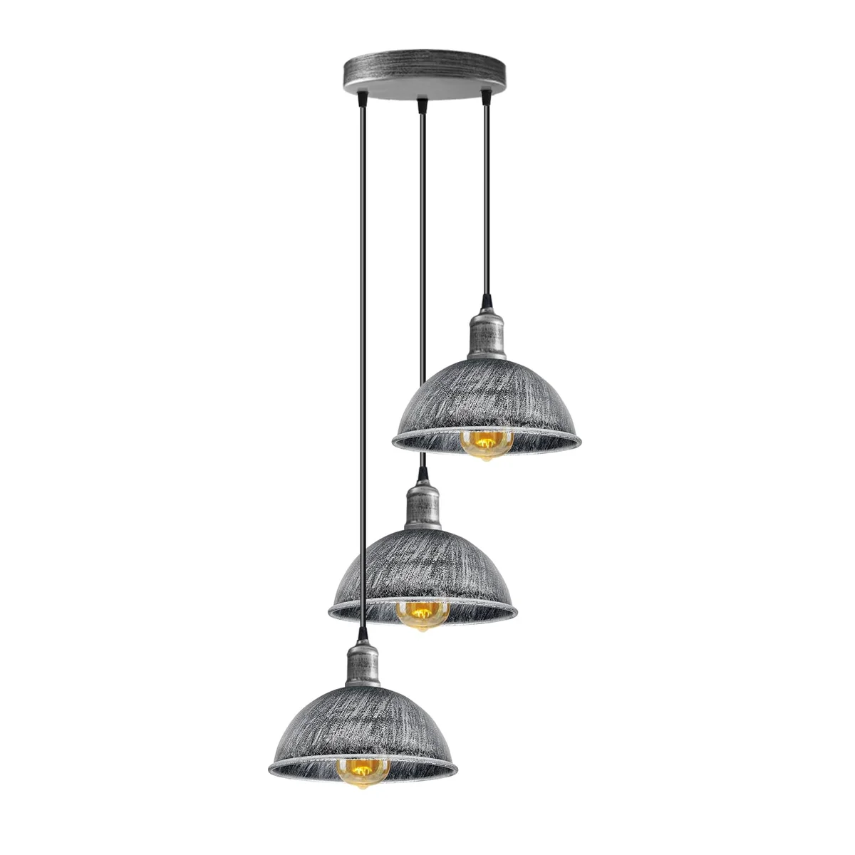 Three vintage industrial dimmable E27 light fixture shades with brushed metal finish hanging from adjustable cables
