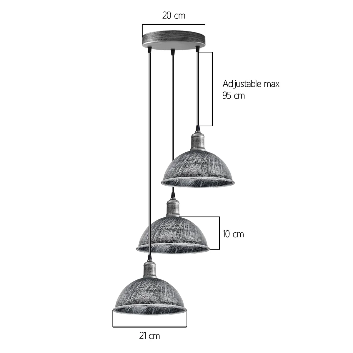 Three-head vintage industrial pendant light with brushed finish ceiling light and curvy metal lampshades hanging from adjustable cables