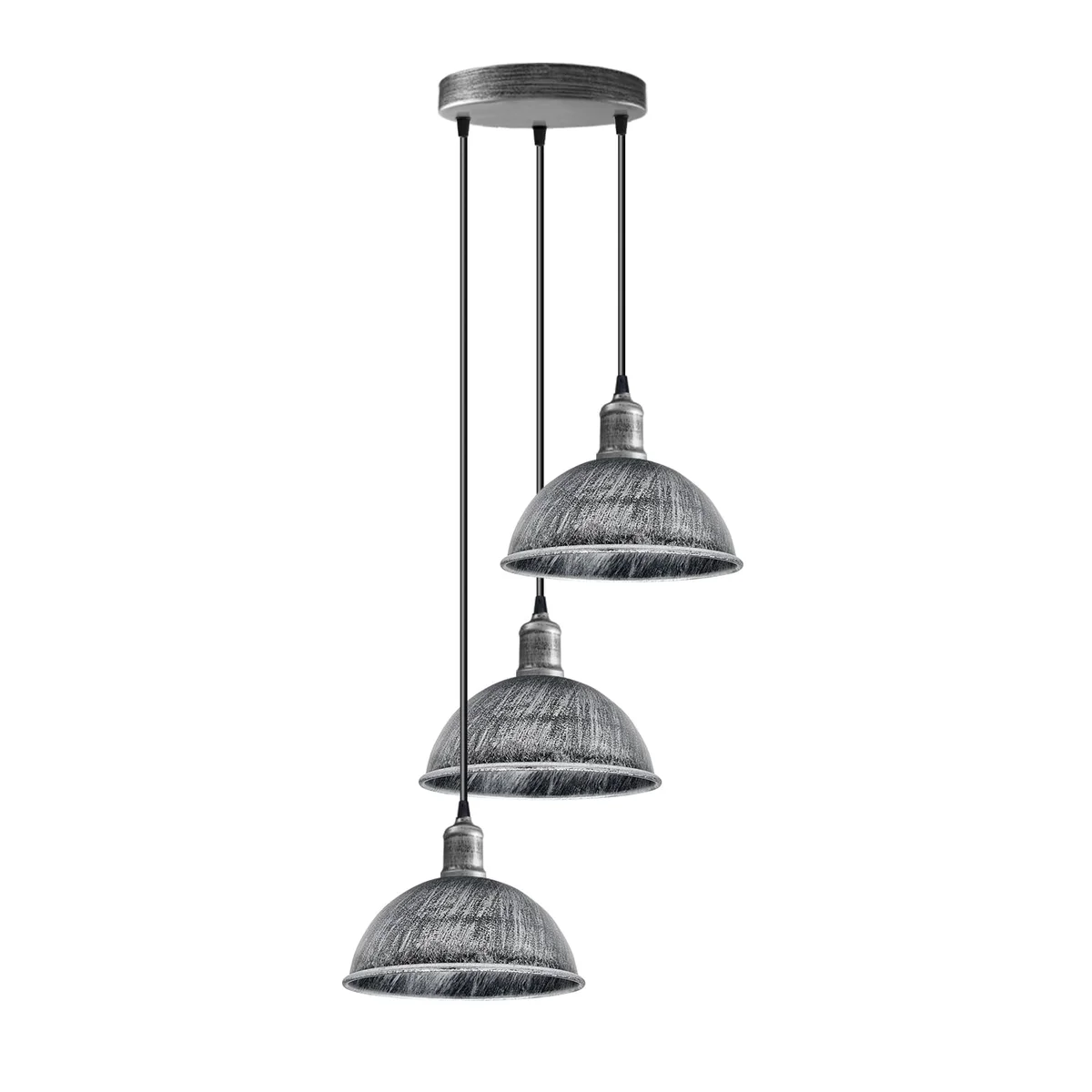 Three-head vintage industrial ceiling light with curved metal shades and adjustable cables in brushed finish