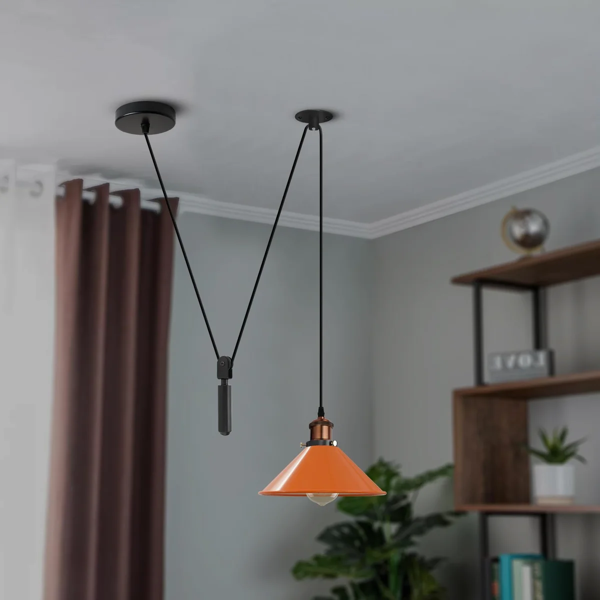 Industrial retro LED ceiling light with metal cone shade, 22cm diameter, hanging from 200cm wire in vintage style