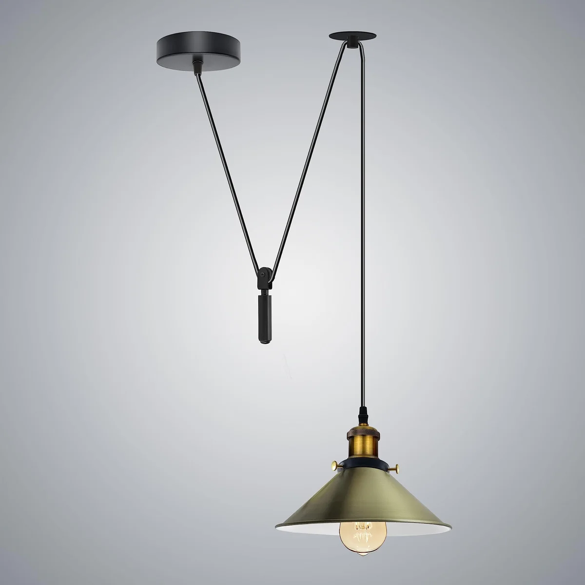 Industrial retro style dimmable ceiling pendant with metal cone shade and 200cm PVC cable hanging from ceiling rose