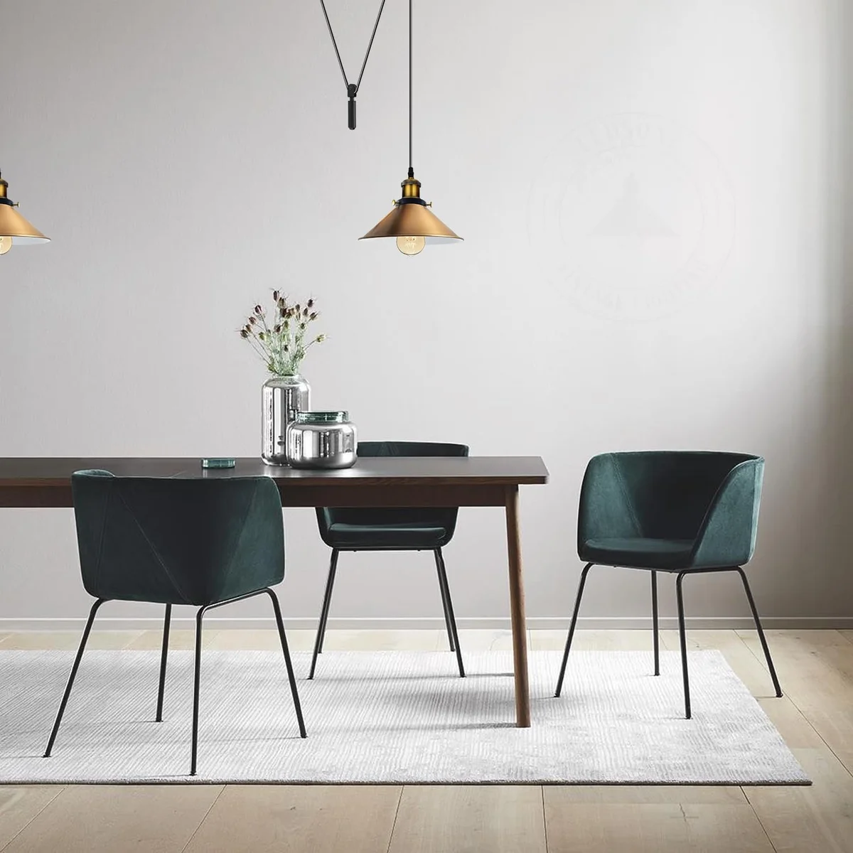 Vintage style ceiling light with metal cone shade, hanging from ceiling with long black cable and pulley system