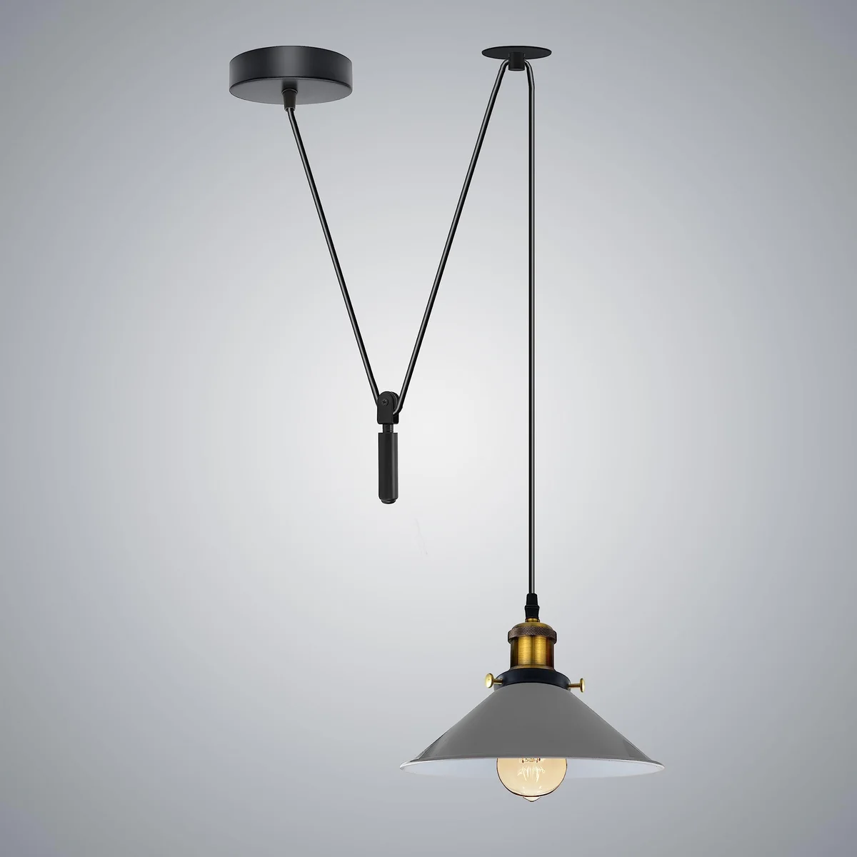 Industrial retro style space saving ceiling lamp with metal cone shade and long PVC cable hanging indoors
