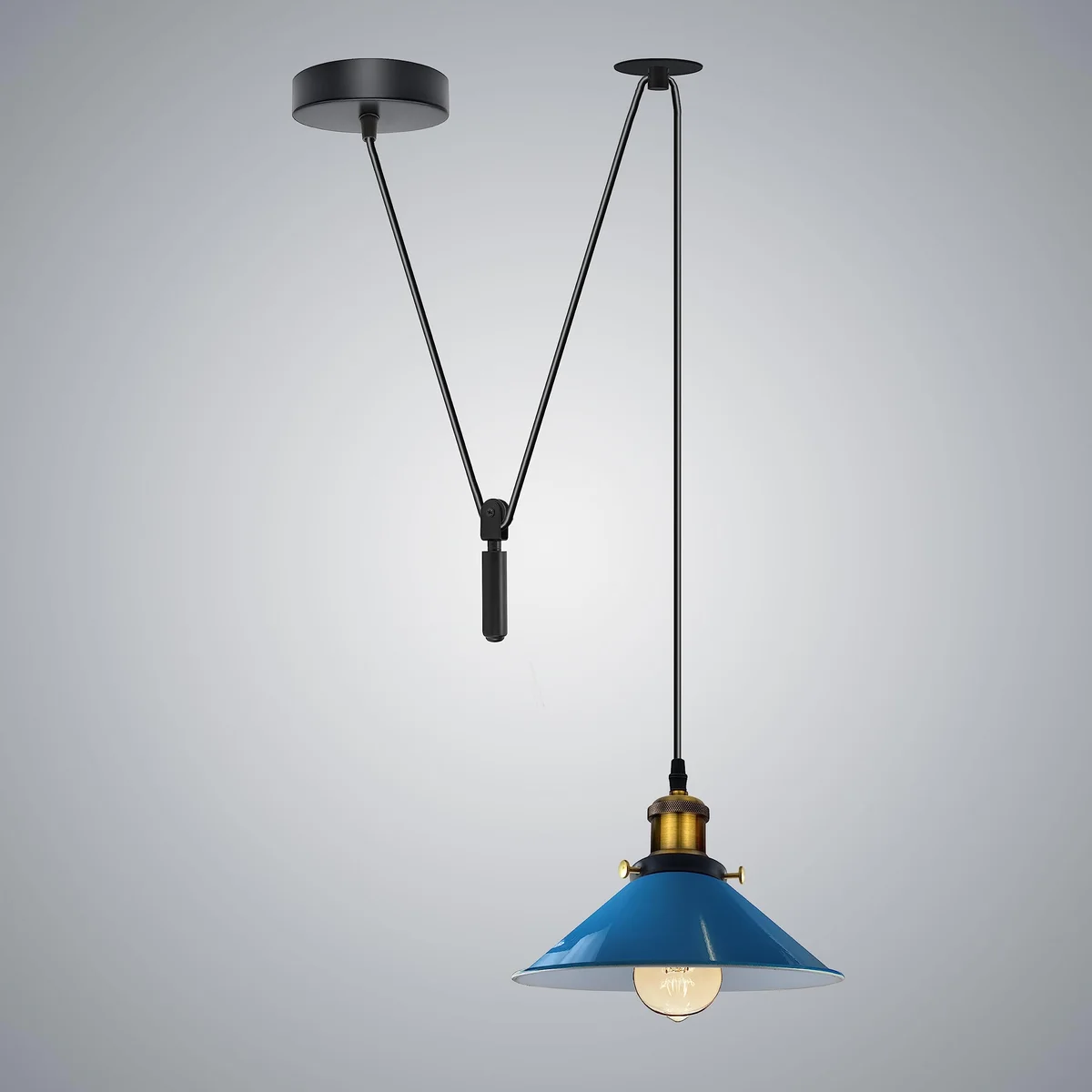 Retro LED ceiling light with metal cone shade, vintage industrial style, hanging from a ceiling with 200cm cable