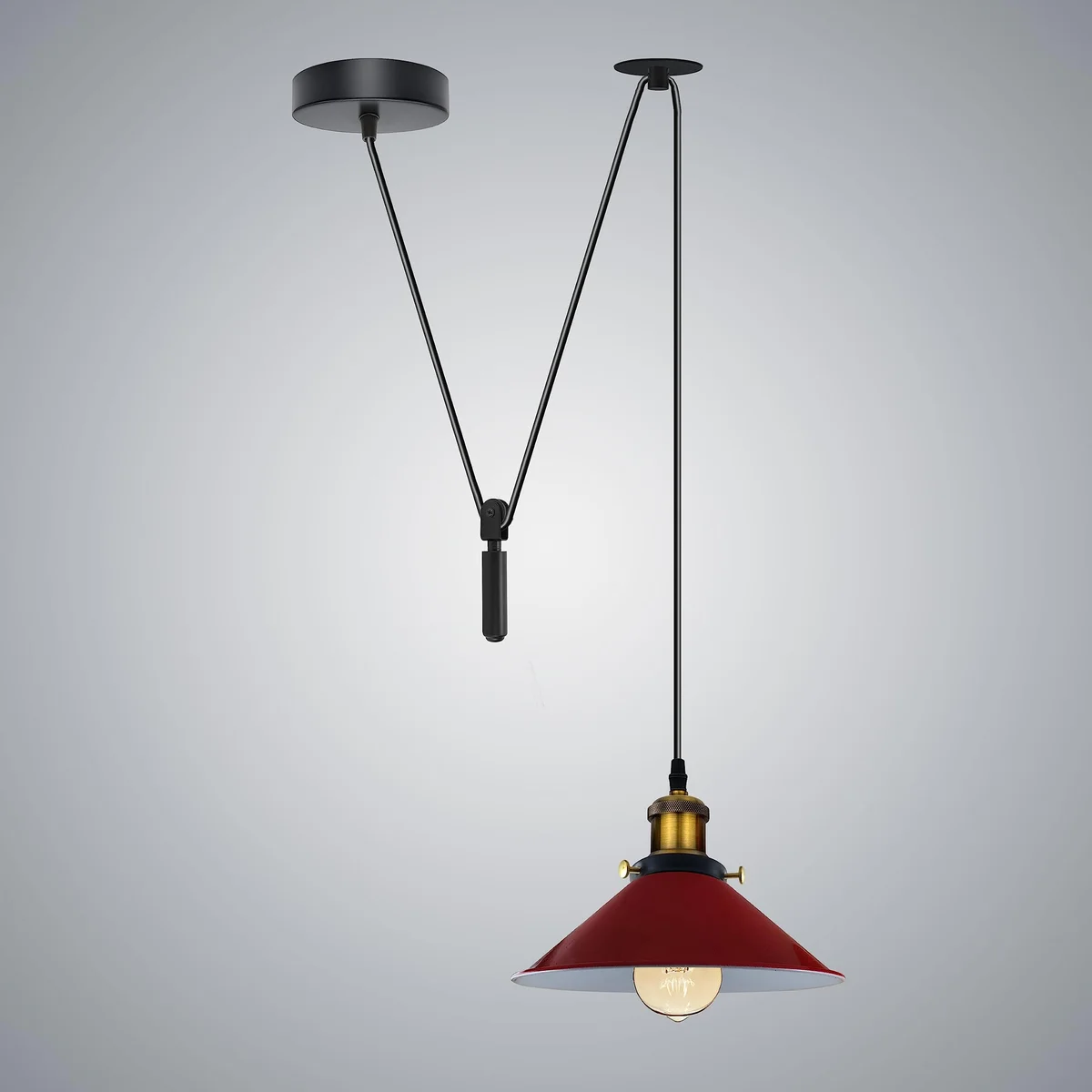 Industrial retro LED ceiling light with metal cone shade, hanging from a long black PVC cable against a white background