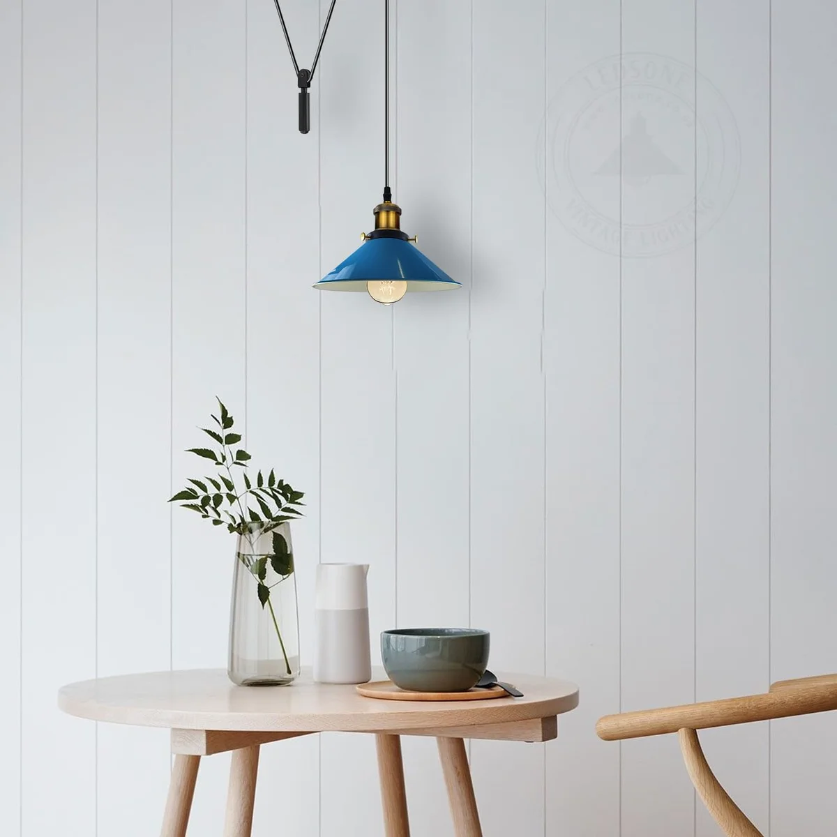 Retro LED ceiling light with metal cone shade, vintage industrial style, hanging from a ceiling with long PVC cable