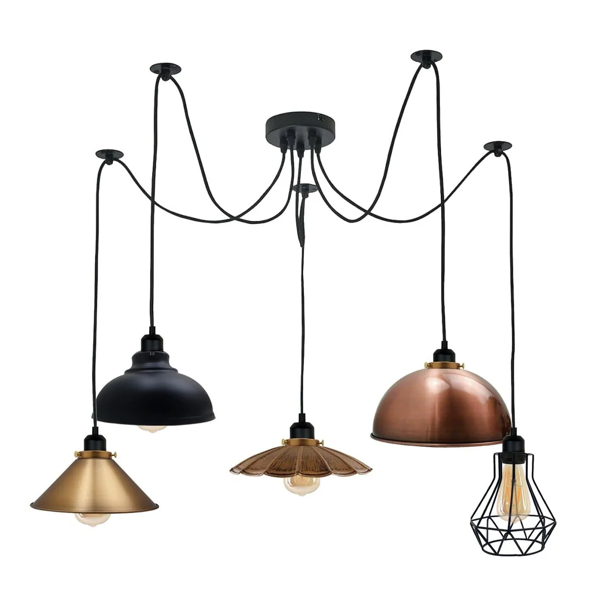 Industrial spider pendant light with five adjustable drops featuring mixed copper, brass, bronze, black metal shades and wire cages