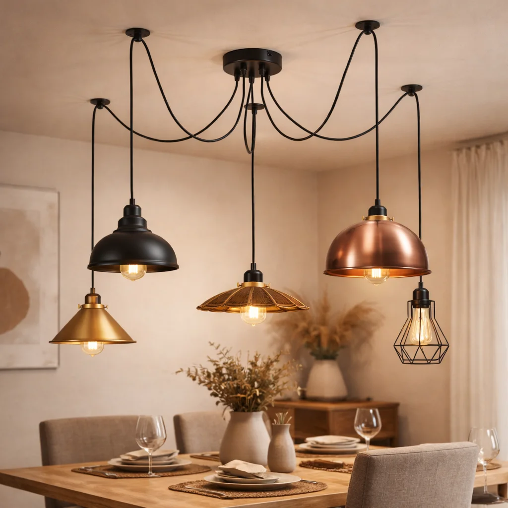 5 way pendant light with mixed copper, brass, bronze, black metal dome and wire cage shades hanging from adjustable black cables