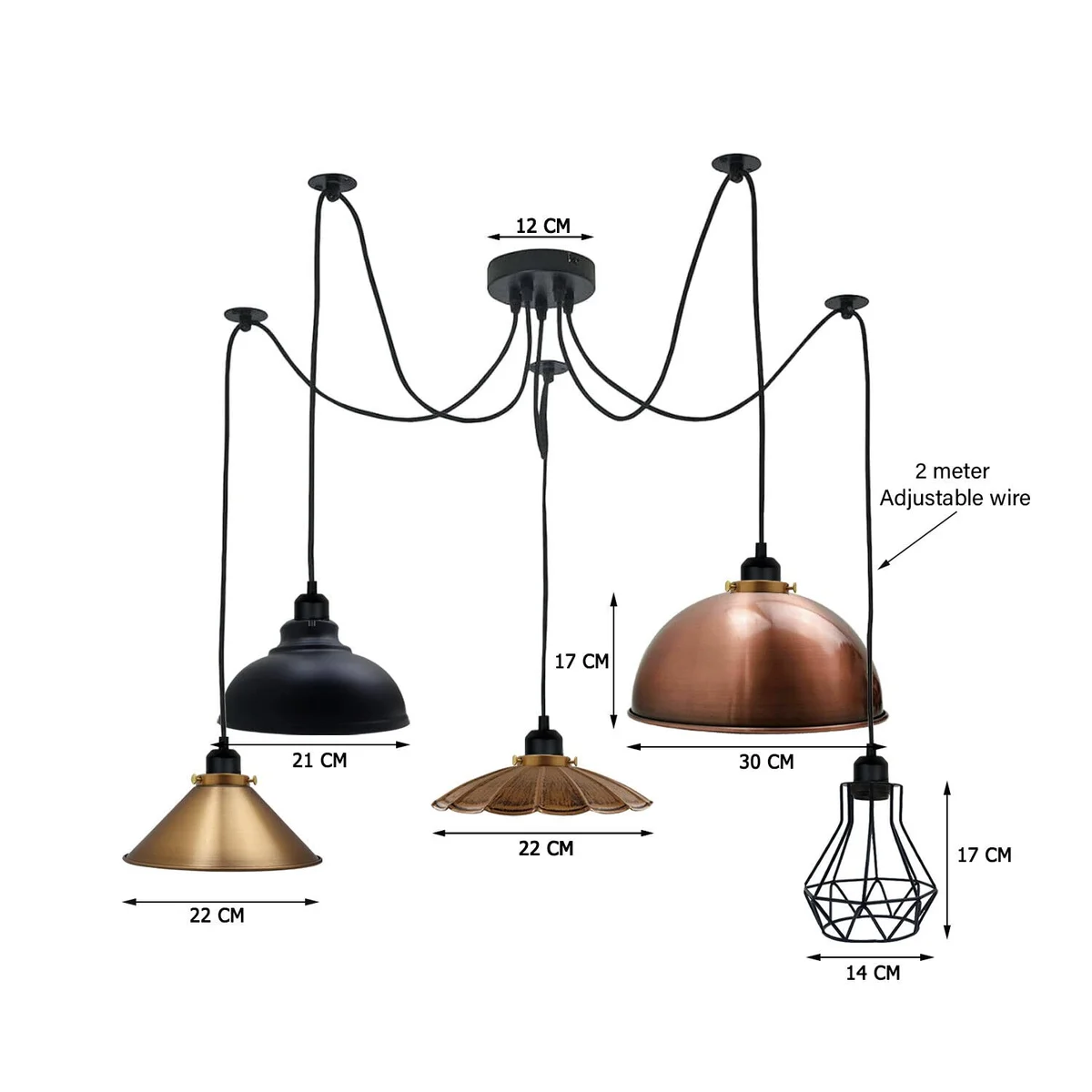 Industrial spider multi drop ceiling light with five adjustable cables and mixed copper, brass, bronze, black shades