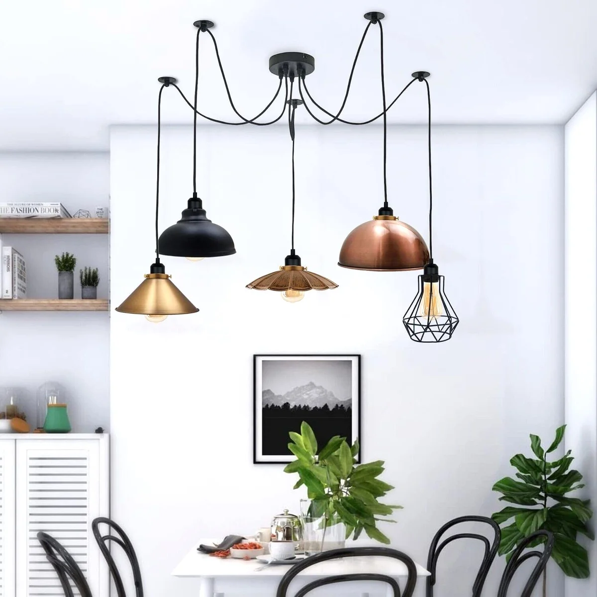 Five-way industrial mixed shades light with adjustable black cables and varied copper, brass, bronze, and black metal shades