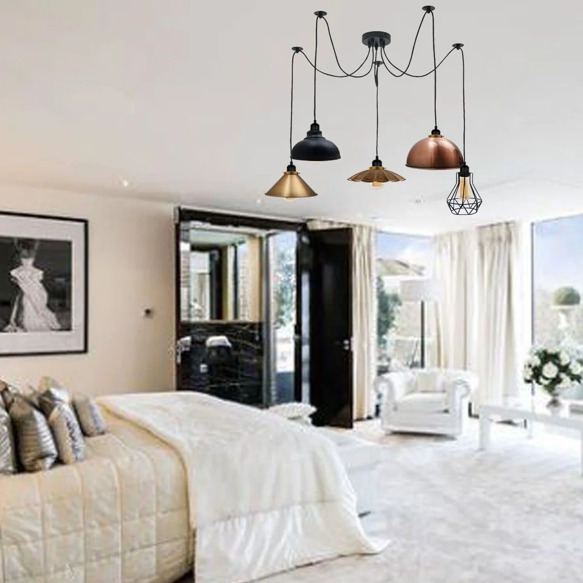 Five-way industrial adjustable pendant light with mixed copper, brass, bronze, black dome and wire cage shades hanging from black cables