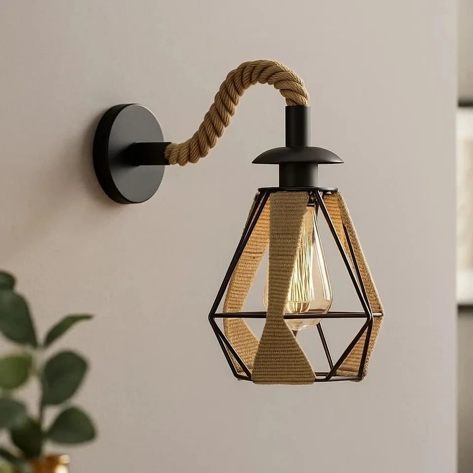 Retro hemp rope wall sconce with black metal diamond-shaped shade and natural rope detail, ideal for rustic interiors