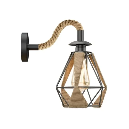 Rustic wall light with black metal shade and natural hemp rope, diamond-shaped sconce for indoor use