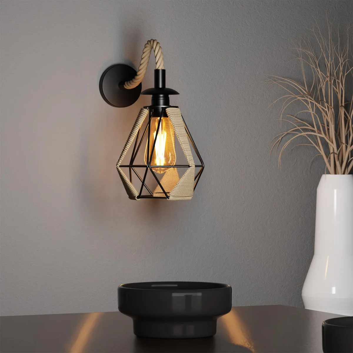 Retro indoor wall lamp with black metal shade and natural hemp rope, diamond-shaped rustic sconce design on white wall