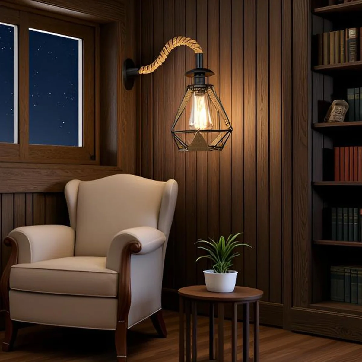 Retro bedroom wall light with black metal shade and natural hemp rope, diamond-shaped rustic sconce design