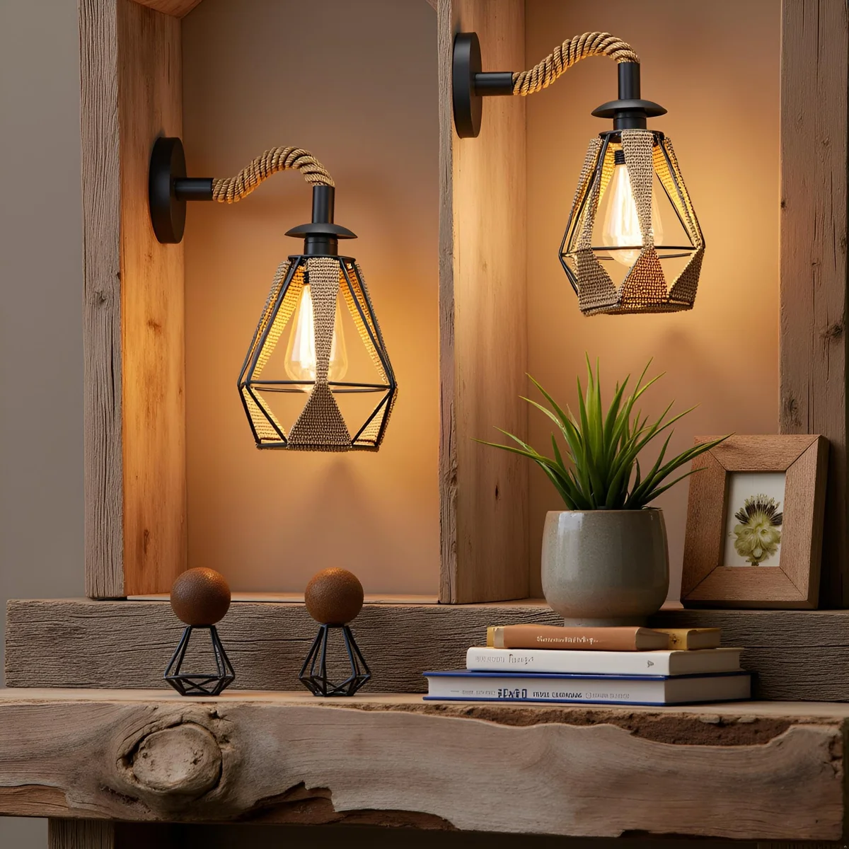 Retro hemp rope wall sconce with black metal shade and diamond shape, mounted on a white wall indoors