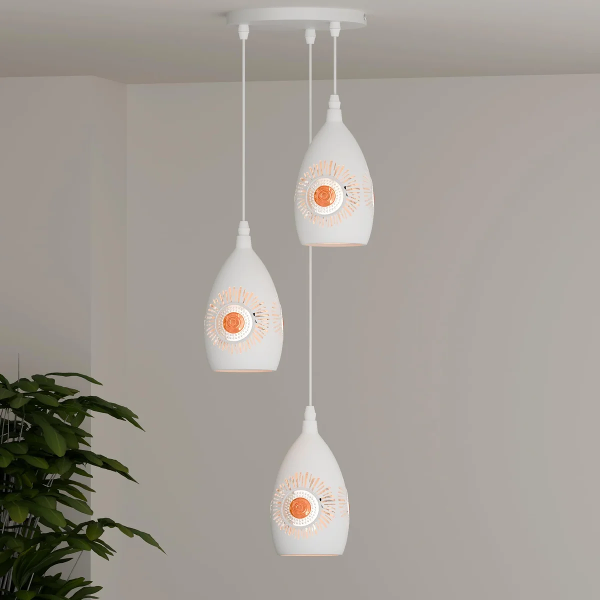 Vintage pendant ceiling light with metal shade, golden accents, and adjustable suspension cable against white background