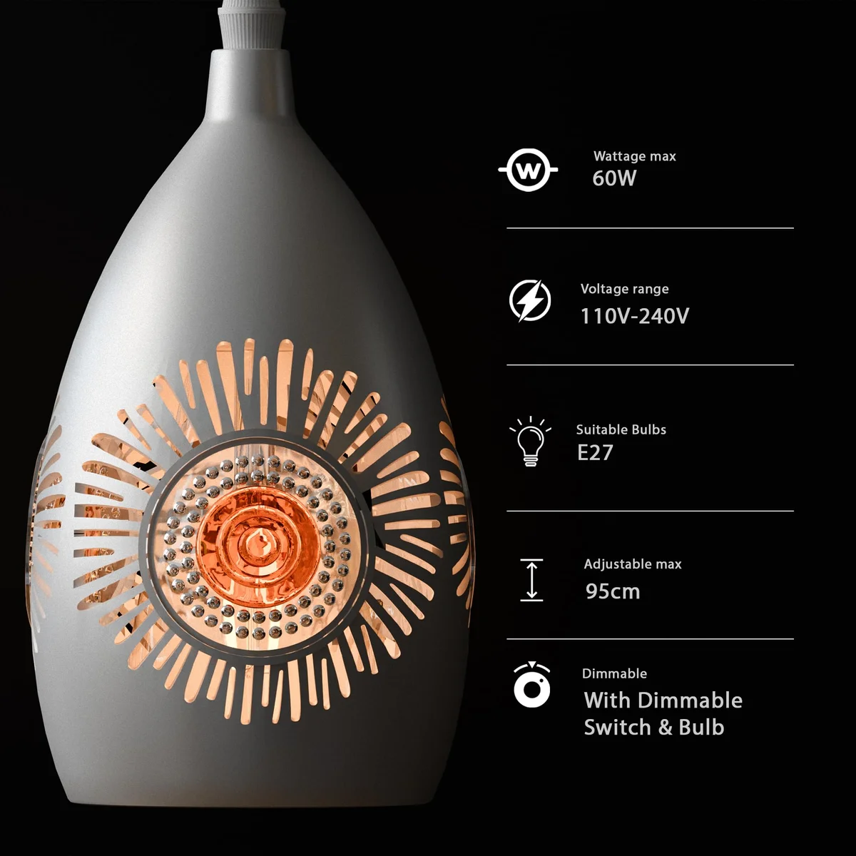 Vintage industrial style E27 bulb pendant light with adjustable suspension and golden metal accents against white background