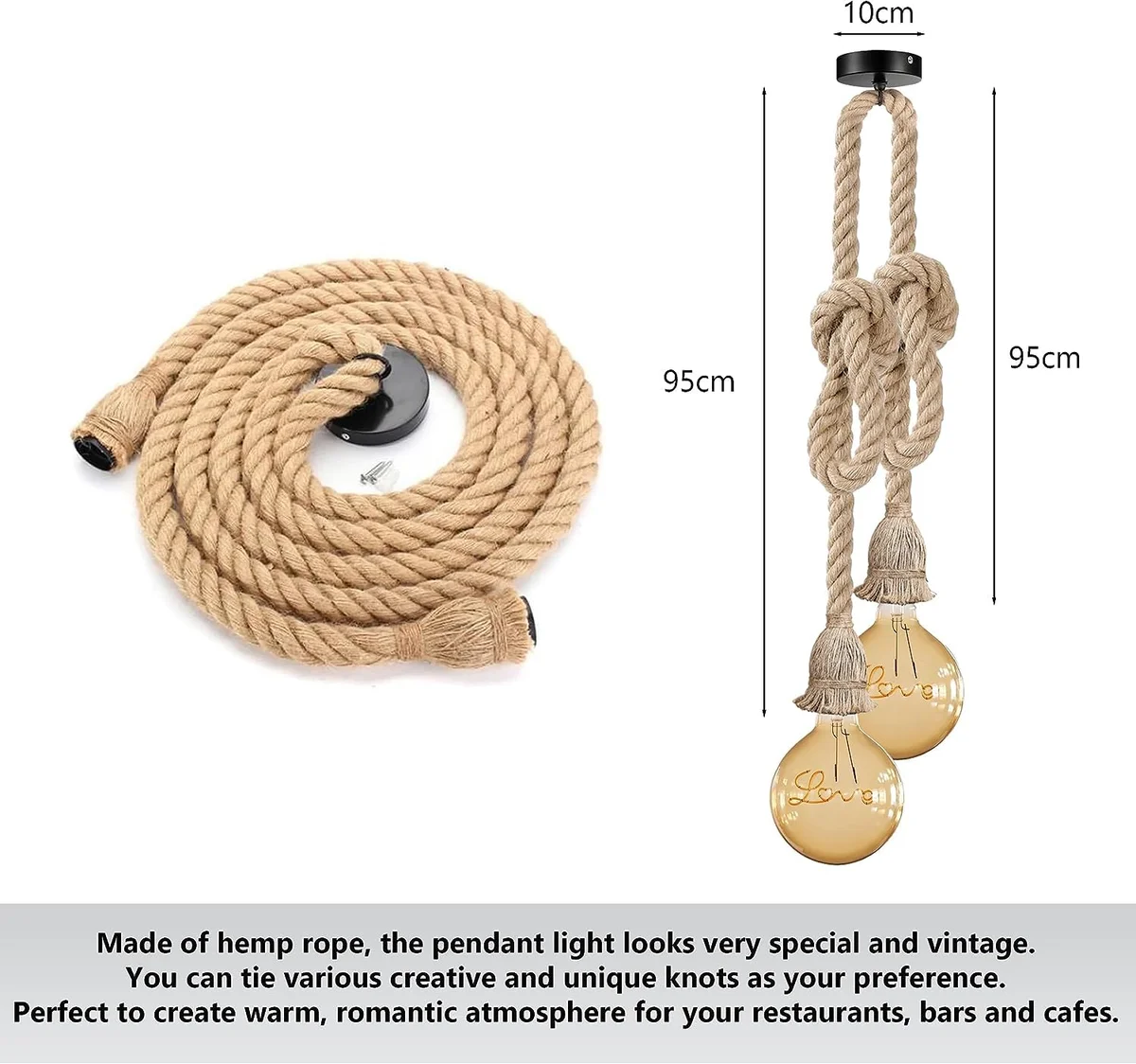 Double head pendant light with two E27 sockets, hand-woven natural hemp rope, industrial nautical style ceiling fixture