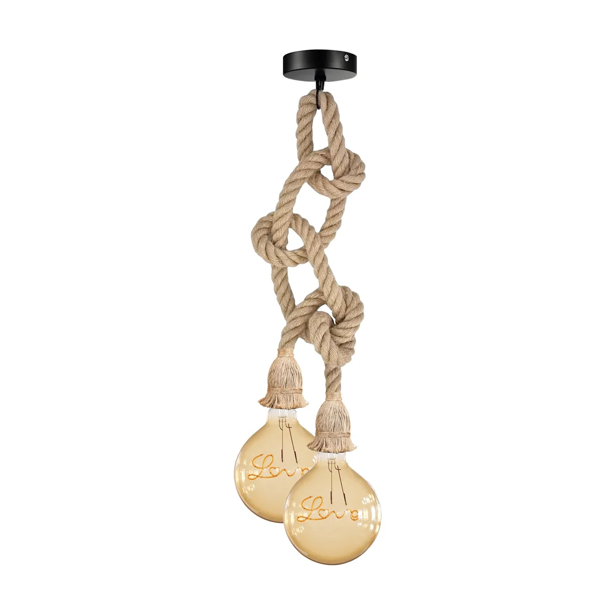 Double head hemp rope pendant light with natural texture and copper wiring, showcasing industrial pendant lighting design