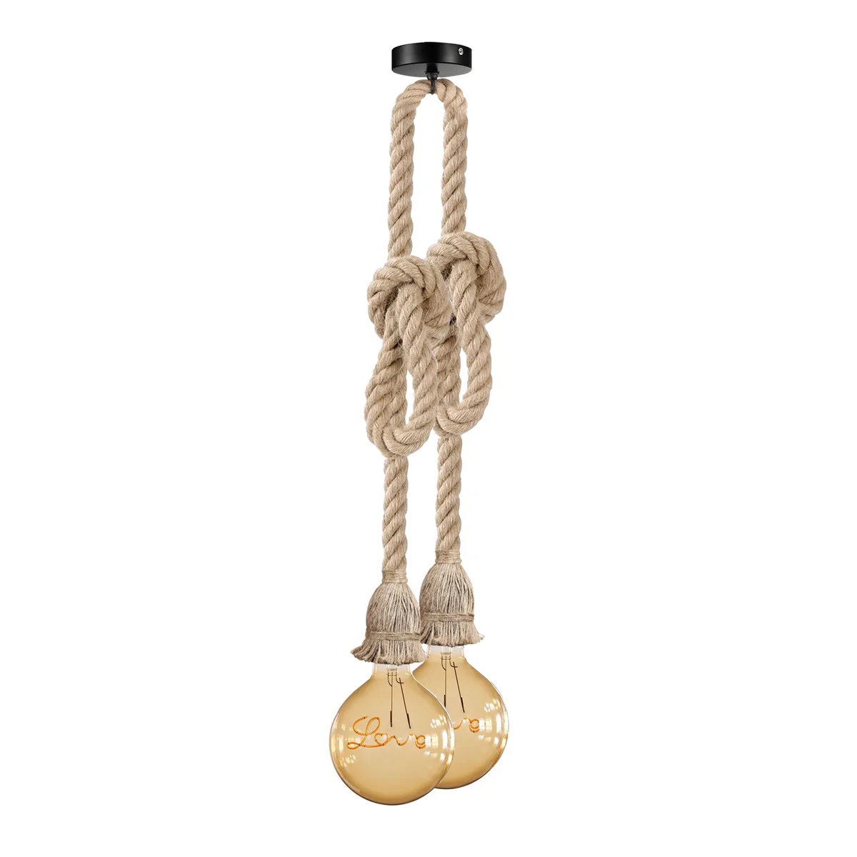 Double head hemp rope pendant light with two E27 bulb holders, natural texture, and adjustable hanging length