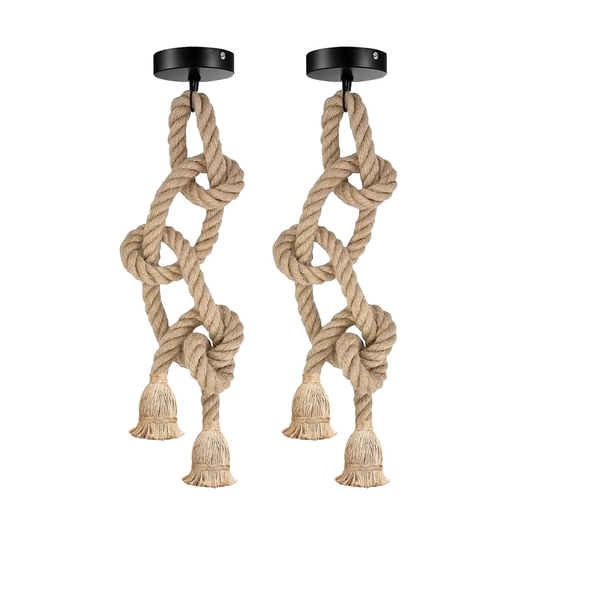 Double head hemp rope pendant light with natural woven texture and two E27 bulb holders hanging from ceiling