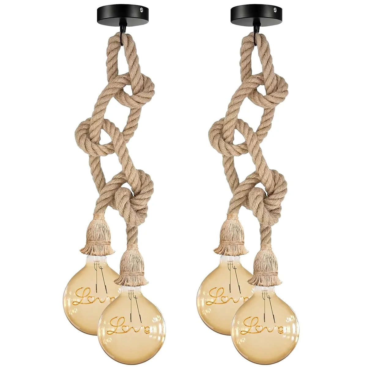 Double head hemp rope pendant light with hand-woven natural hemp texture and two E27 lamp holders hanging from ceiling