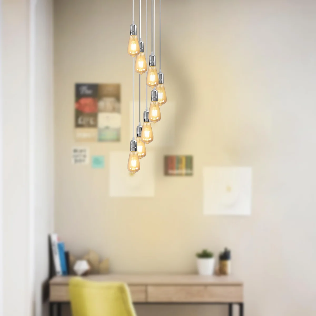 Modern industrial style metal pendant light with adjustable cable and E27 bulb pendant holder hanging indoors