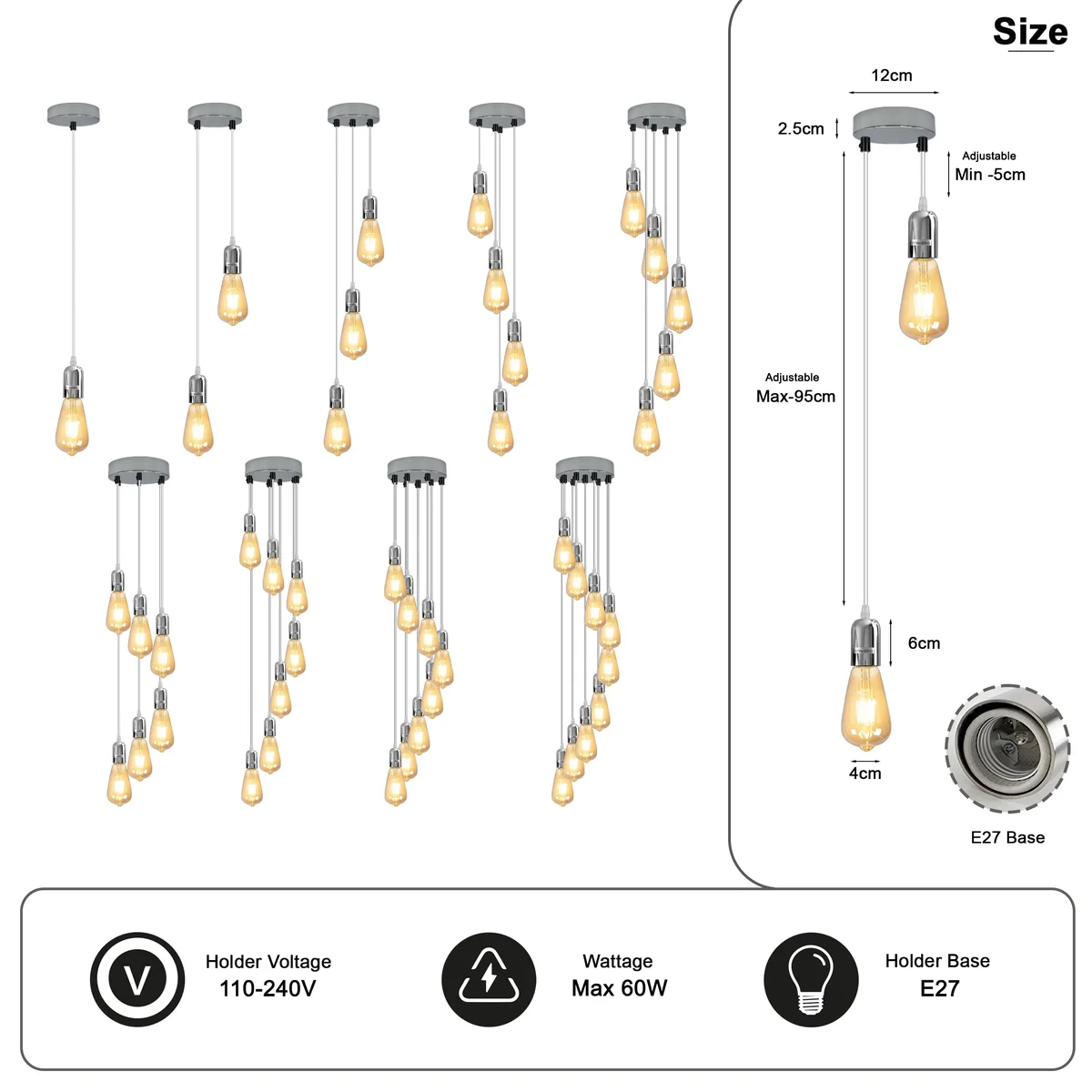 Modern industrial pendant light with metal finish, adjustable cable, and round ceiling rose, ideal for indoor spaces