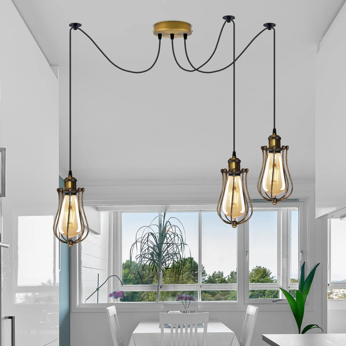 Antique brass vintage spider light with tiered teardrop wire cage and adjustable cables hanging from ceiling rose