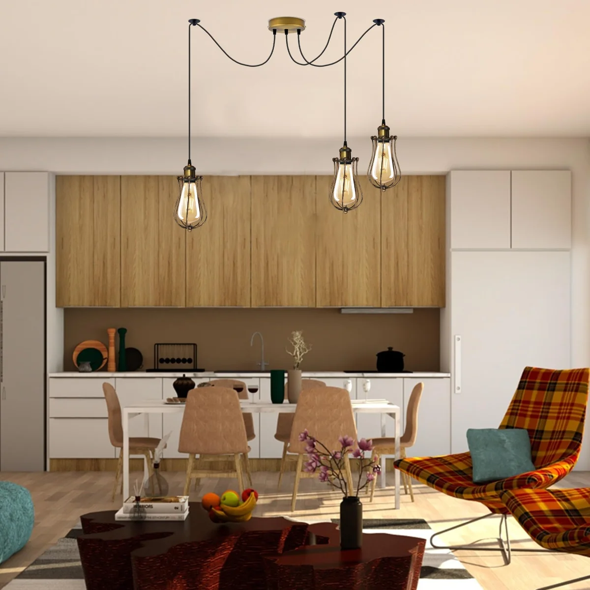 Antique brass industrial adjustable cable pendant with tiered teardrop wire cage shades hanging from ceiling rose