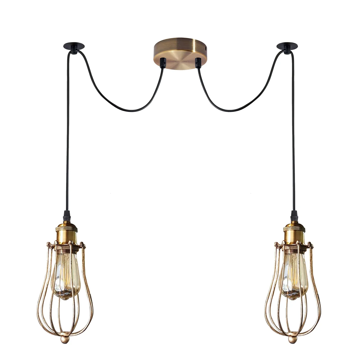 Antique brass industrial spider pendant with teardrop wire cages and adjustable cables, shown in 5-way configuration