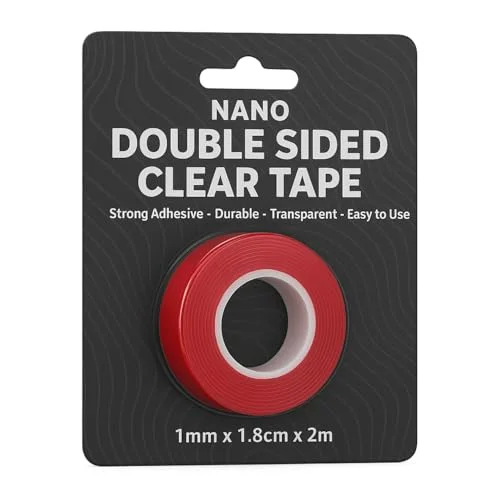Roll of clear double sided nano tape with red protective film, 18mm wide and 2m long, waterproof and heavy duty