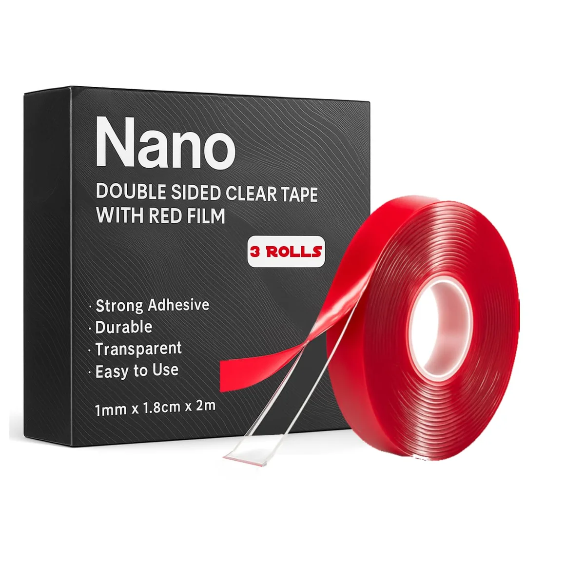 Roll of clear heavy duty mounting tape with red protective film on a white background, showing tape width and texture