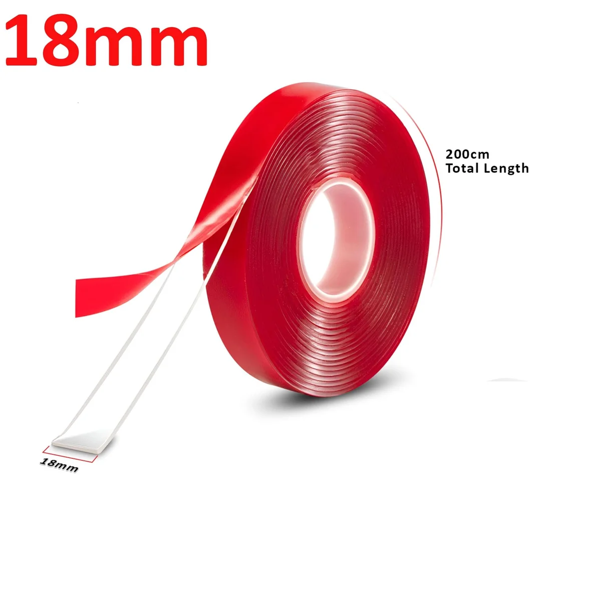Roll of clear double sided nano tape with red protective film, 18mm wide and 2m long for heavy duty use