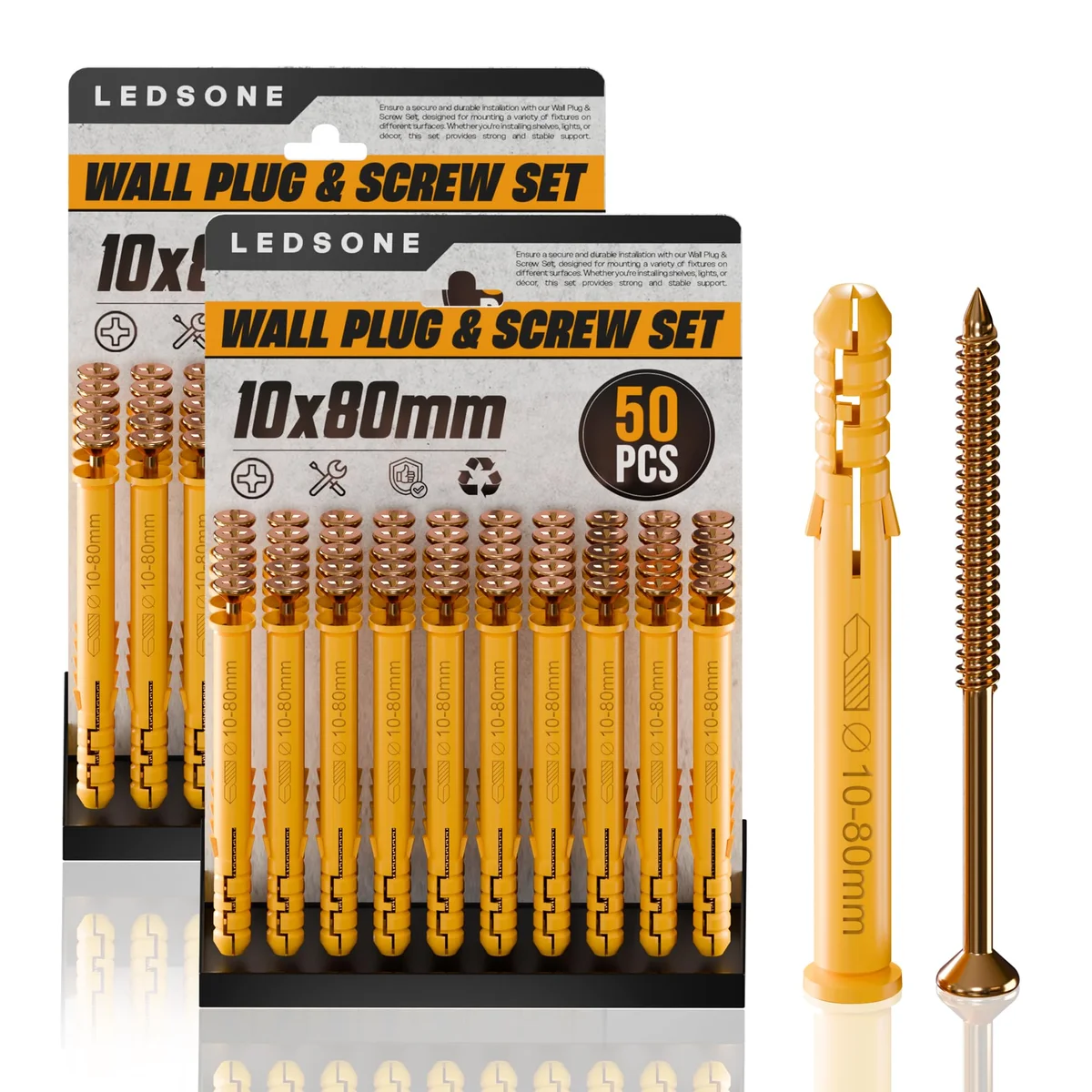 Yellow masonry fixing set with flat head screws and plastic wall anchors, 100 pieces in two packs, galvanized finish