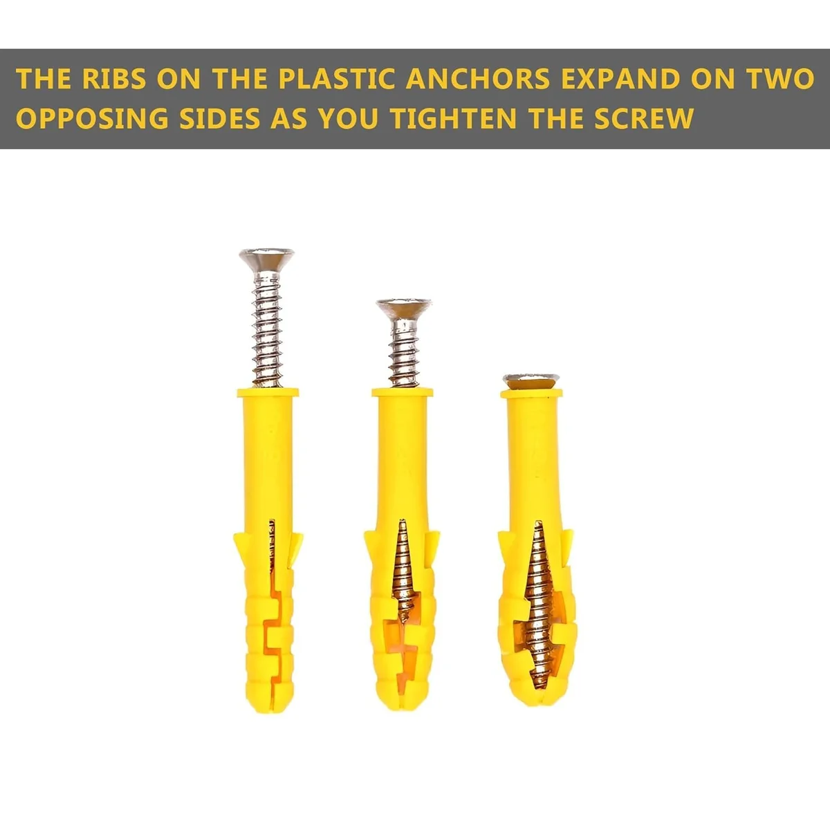 Yellow carbon steel screws and wall anchors set with flat heads, fully threaded, in two packs of 50 each on white background
