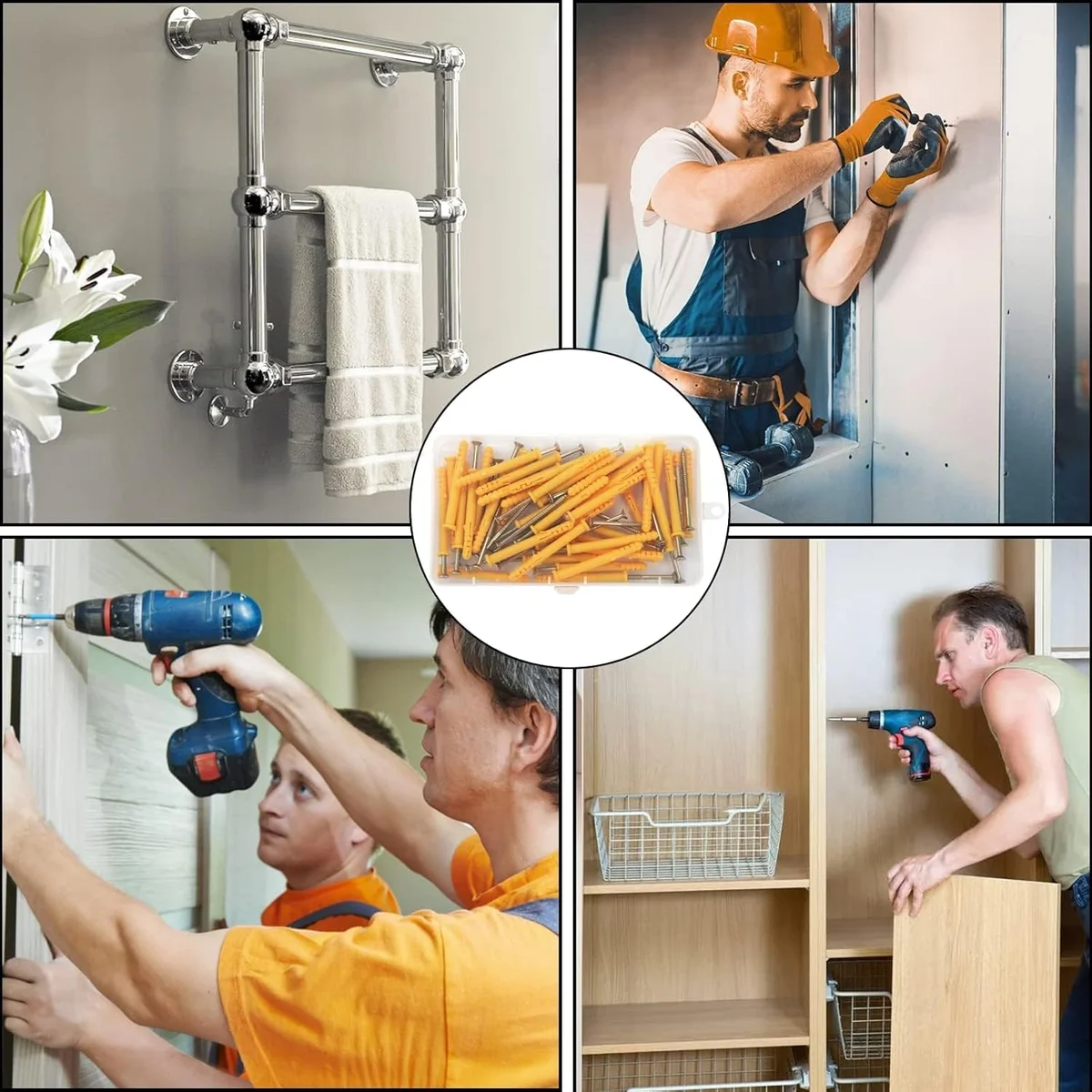 Two packs of yellow flat head screws and wall plugs, fully threaded with galvanized finish for drywall fixing