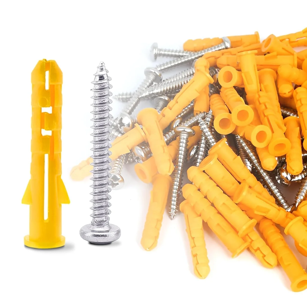 Two packs of yellow drywall fixing kit with flat head screws and anchors, made of galvanized carbon steel, 100 pieces total