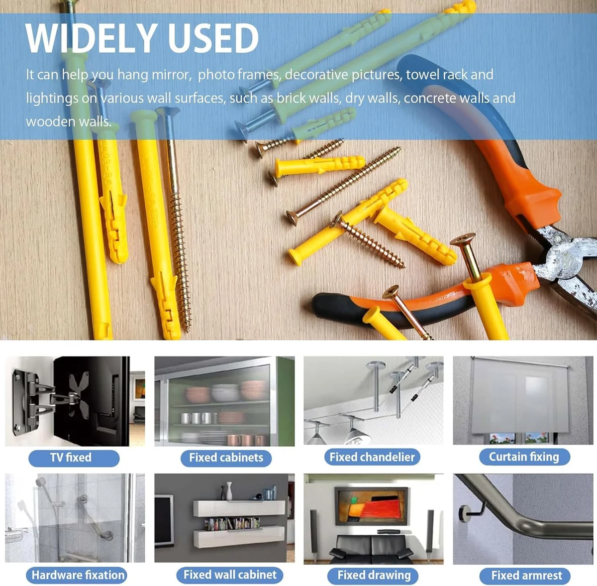 Two packs of yellow coated screws and anchors with flat heads, fully threaded, arranged on a white background