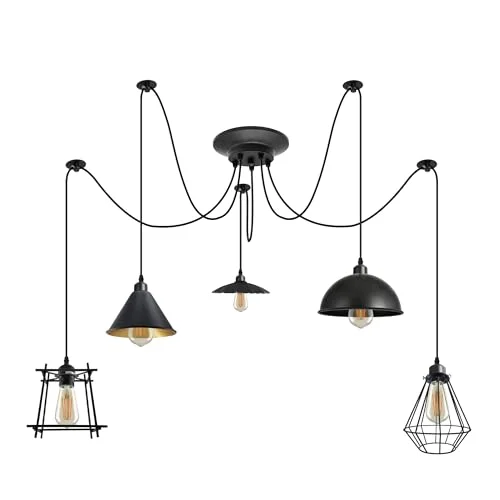 Industrial vintage adjustable pendant light with five metal cage shades hanging from ceiling plate